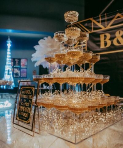 Ostrich Feather Cake Table, Champagne Tower and Chandeliers