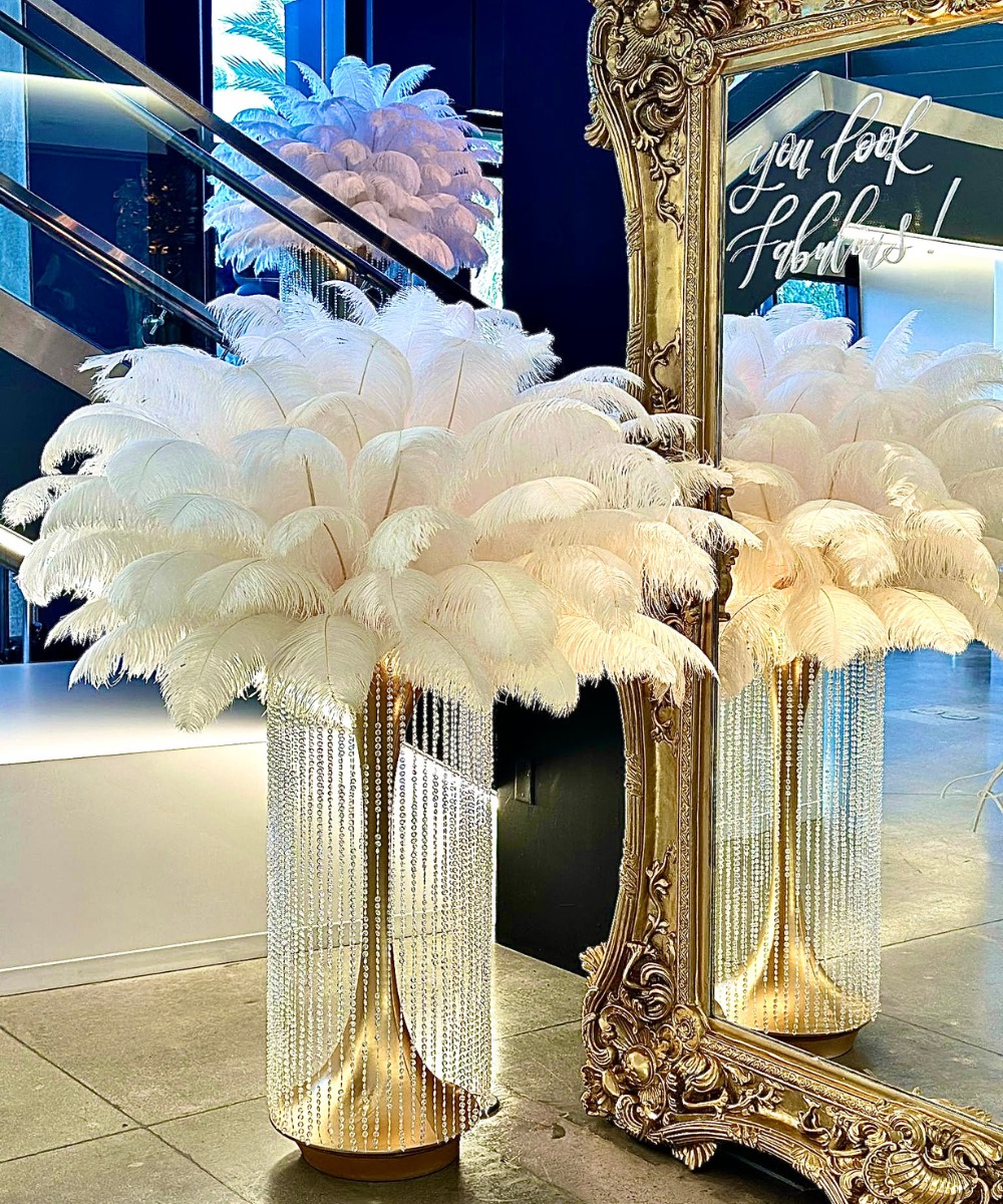 Spandex tower (lighted) ostrich feather centerpieces with crystals