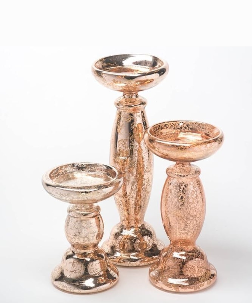 Set of 3 rose gold mercury glass pillar candle holders