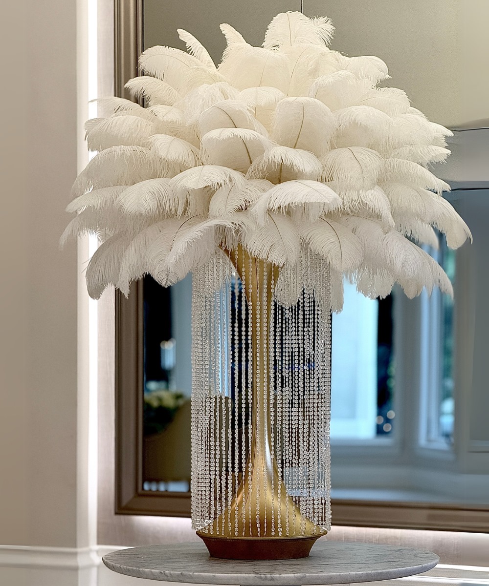 Spandex tower (lighted) ostrich feather centerpieces with crystals