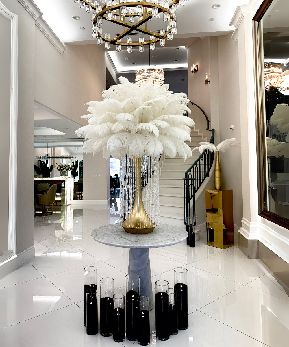 Spandex tower (lighted) ostrich feather centerpieces with crystals