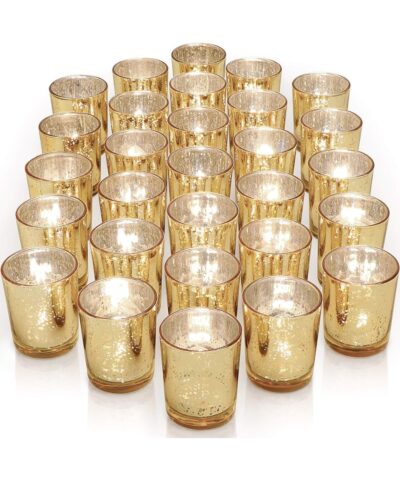Set of 3 gold mercury glass candle holder with real or LED candles