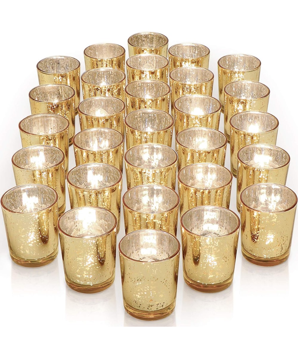 Gold mercury glass candle holder with real or LED candle