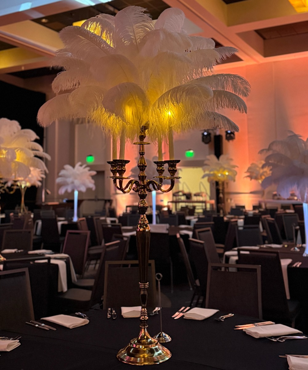 Yellow gold candelabra ostrich feather centerpiece