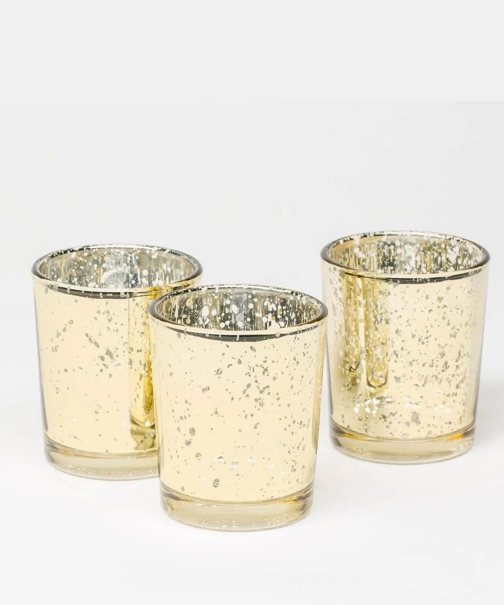 Set of 3 gold mercury glass candle holder with real or LED candles