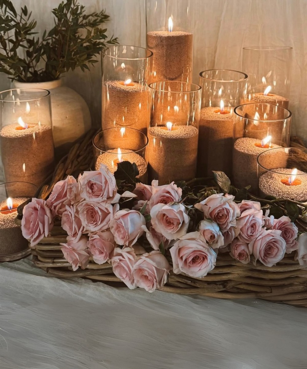 Custom pearled "sand" candles