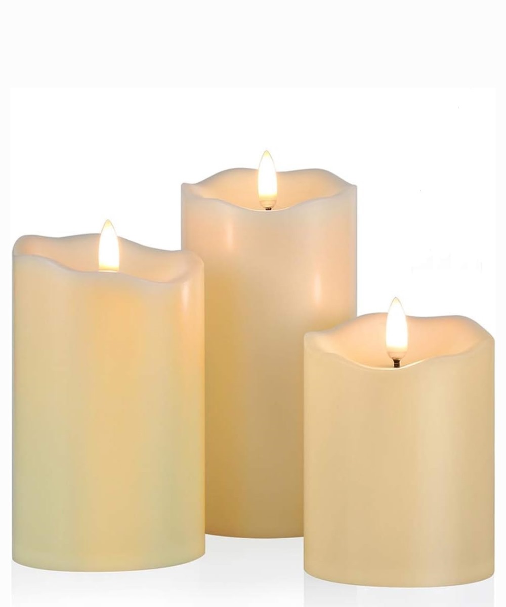 Set of 3 flickering pillar LED candles (real wax)