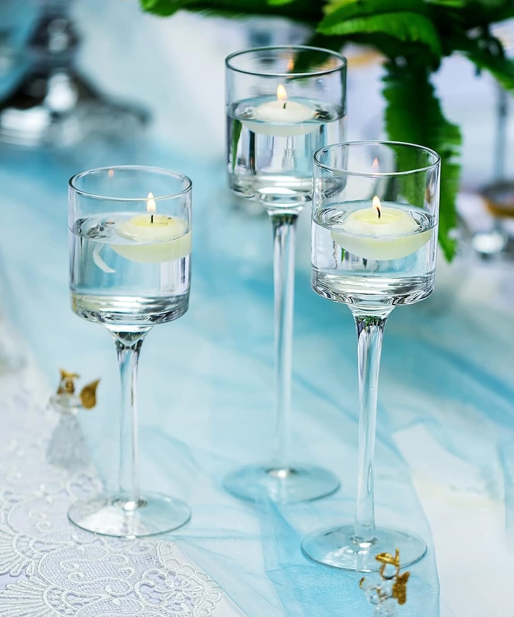 Set of 3 long stem candle holders with with real or LED floating candles