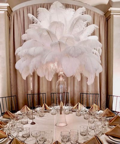 White ostrich feather centerpiece with martini vase & hanging